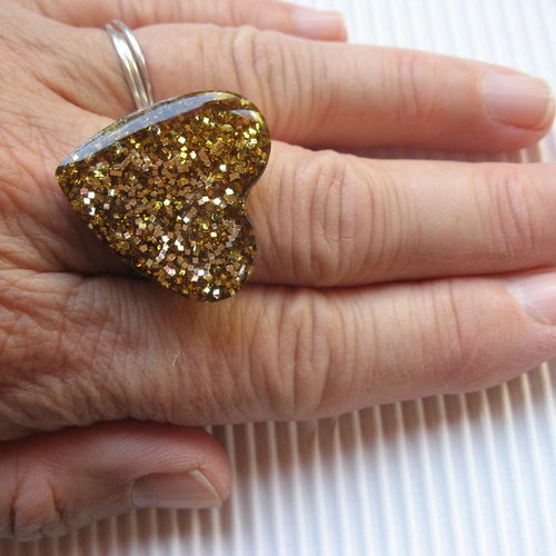 Bague coeur ajustable unisexe paillettes dorées en résine taille 25mmx25mm