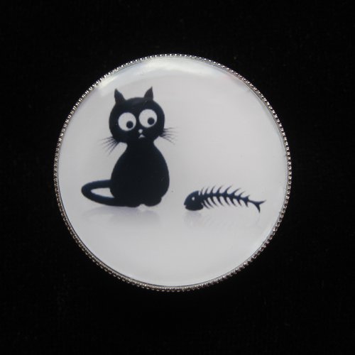 Petite bague ajustable unisexe chat et arête de poisson sertie en résine diamètre 25mm
