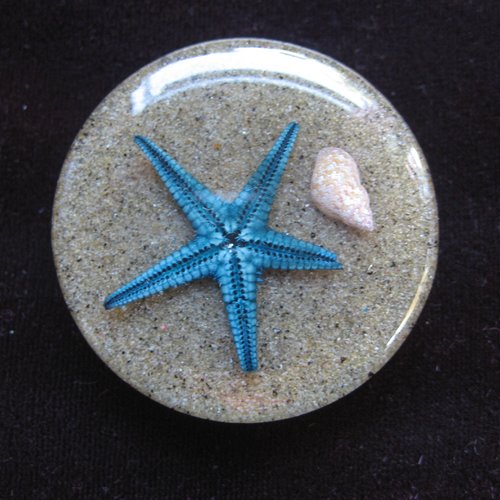 Très grande bague unisexe ajustable étoile de mer bleue sur fond de sable en résine diamètre 40mm