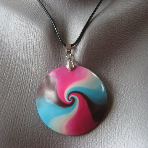 Promotion grand pendentif cabochon unisexe spirale fuchsia turquoise marron en fimo diamètre 45mm