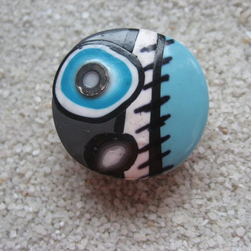 Grande bague ajustable unisexe cabochon géométrique turquoise gris et blanc en fimo diamètre 30mm