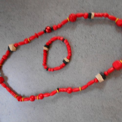 Parure collier sautoir et bracelet coloris rouge et noir 