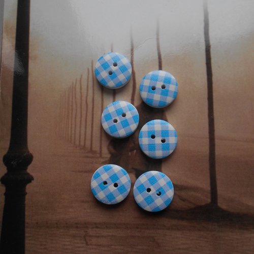 Lot 6 boutons en bois vichy bleu clair