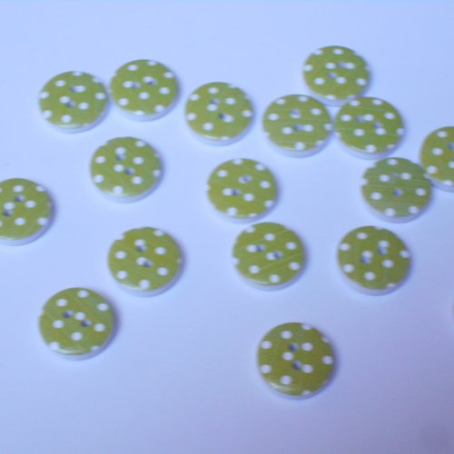 Lot 6 boutons bois verts à pois blancs