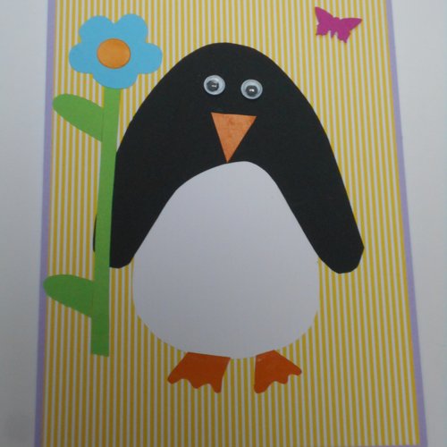 Carte double thème pingouin et fleur fait main