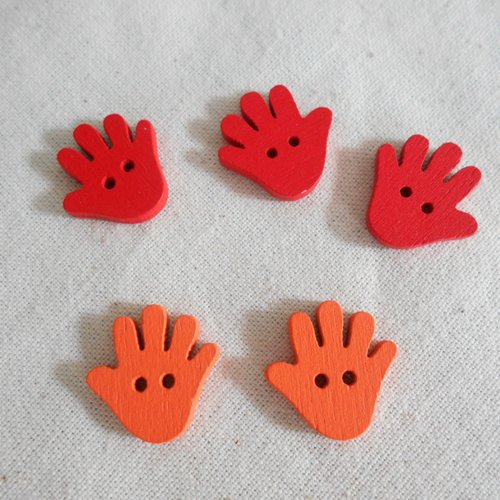 Lot 5 boutons forme main coloris rouge et orange