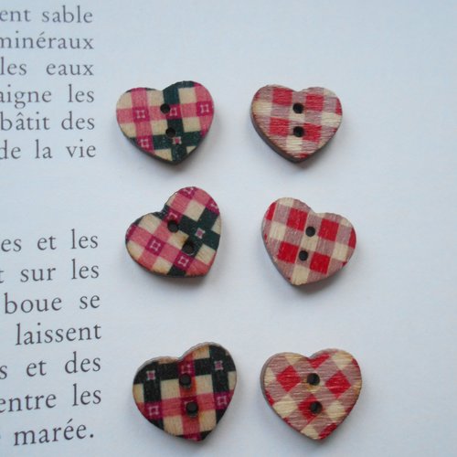 Lot 6 boutons bois coeur vichy rouge / rose / noir