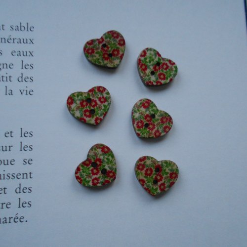 Lot 6 boutons bois coeur fleuri rouge/vert