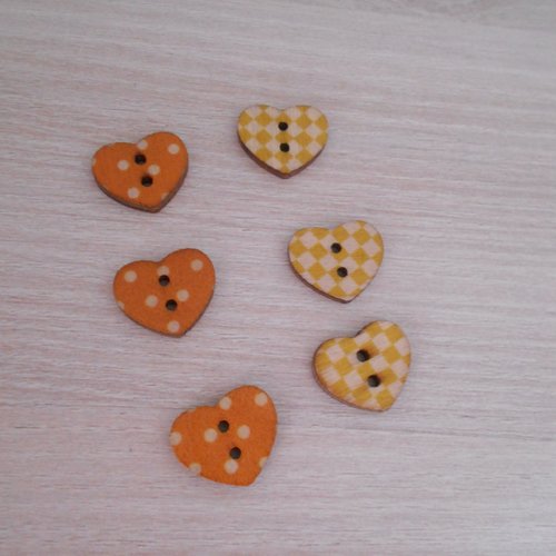 Lot 6 boutons bois coeur jaune / orange