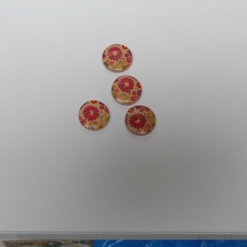 Lot 4 boutons bois rond motif fleurs rouges