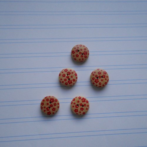 Lot 5 boutons bois rond petites fleurs rouges