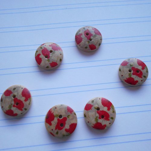 Lot 4 boutons ronds bois fleurs rouges et blanches
