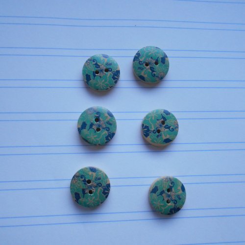 Lot 6 boutons ronds bois nuances de bleu