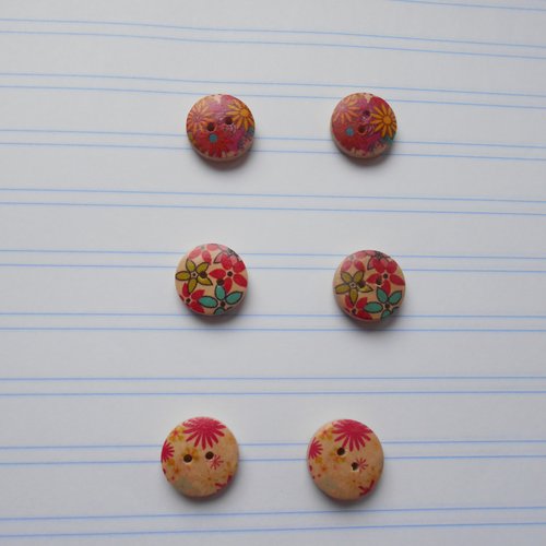 Lot 6 boutons ronds bois motifs floraux variés