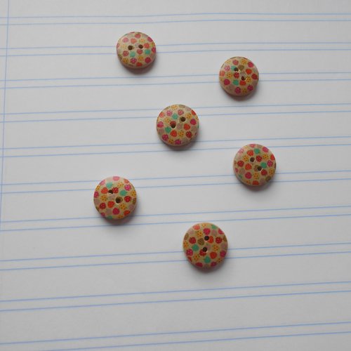 Lot 6 boutons ronds bois décor mini fraises multicolores