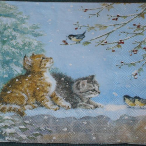 Serviette thème chatons et oiseaux dans la neige