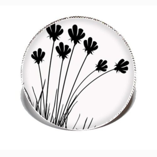 Bague argentée avec cabochon en résine * feuillages noirs et blancs *