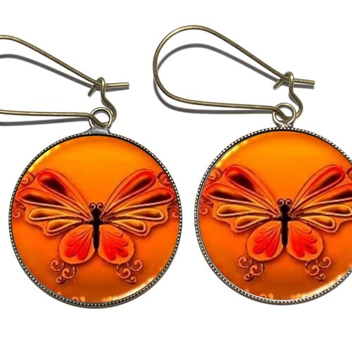 Boucles d’oreilles bronze avec cabochons en résine * papillon orange *