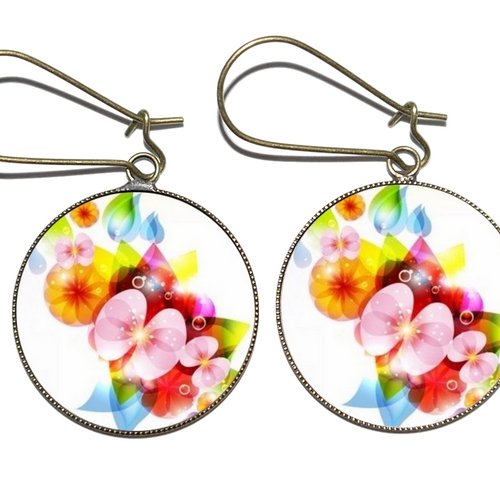 Boucles d’oreilles bronze avec cabochons en résine * fleurs multicolores * 2