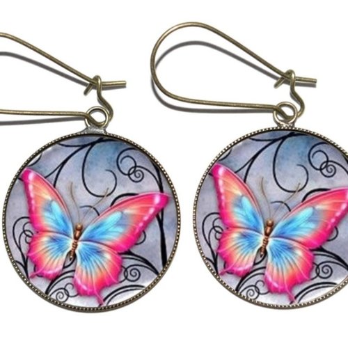 Boucles d’oreilles bronze avec cabochons en résine * papillon bicolore *