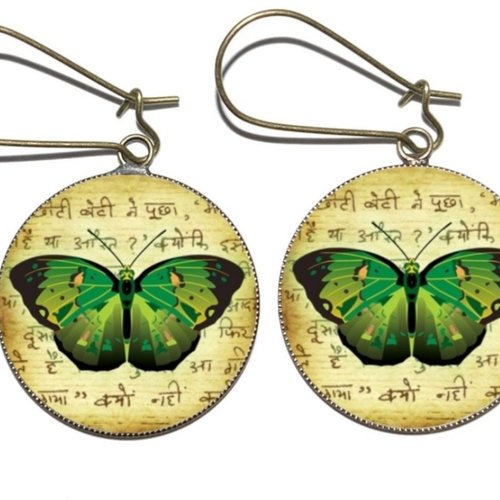 Boucles d’oreilles bronze *papillons verts* avec cabochons en résine * 2