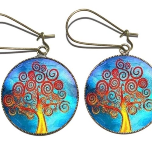 Boucles d’oreilles bronze avec cabochons en résine * arbres fond bleu *