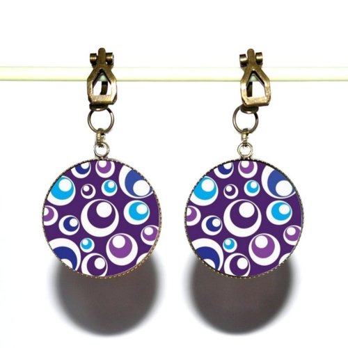 Clips d’oreilles bronze avec cabochons en résine * motifs ronds violets *