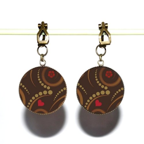 Clips d’oreilles bronze avec cabochons synthétiques * motifs marrons *