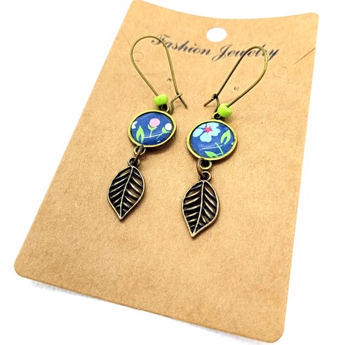 Boucles d’oreilles bronze *motifs floraux* avec cabochons en résine