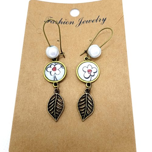 Destockage boucles d’oreilles bronze *motifs floraux* avec cabochons en résine