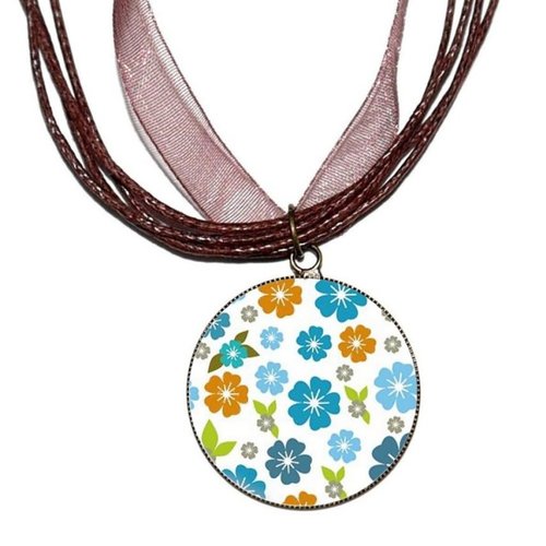 Collier organza marron avec cabochon en résine * motifs floraux asiatiques *