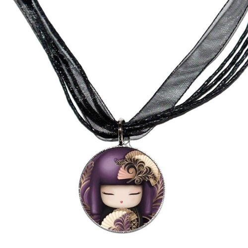 Collier organza noir avec cabochon en résine * kokeshi * 4