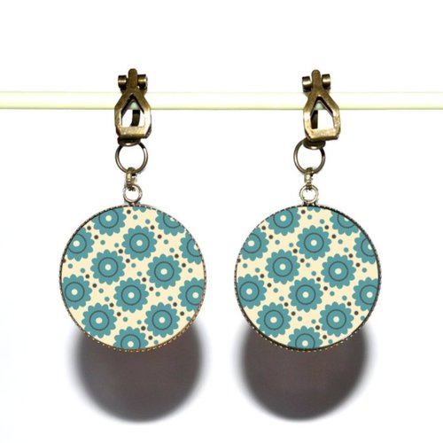 Clips d’oreilles bronze avec cabochons en résine * motifs bleus * 31