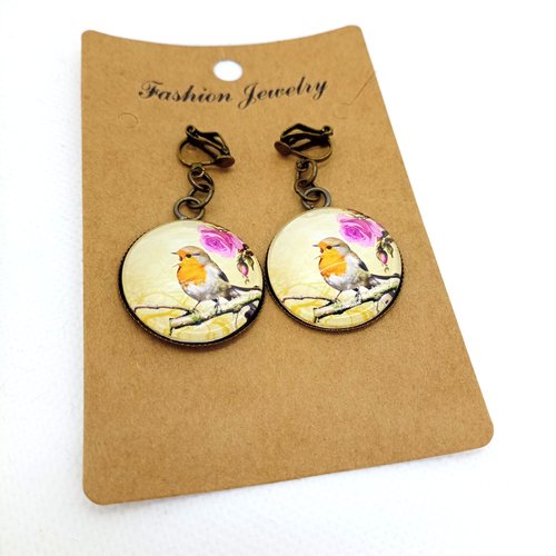 Destockage clips d’oreilles en laiton bronze avec cabochons en verre *mon bel oiseau*