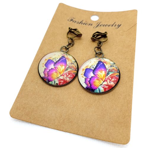 Destockage clips d’oreilles en laiton bronze avec cabochons en verre *mon beau papillon*