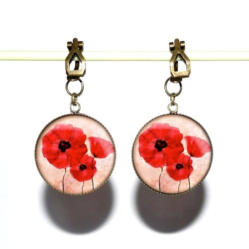 Clips d’oreilles en laiton bronze avec cabochons en résine * coquelicots *