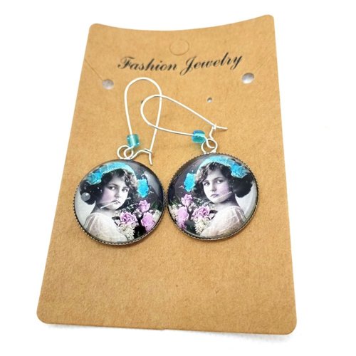 Boucles d’oreilles argentées avec cabochons en verre * fillette vintage *