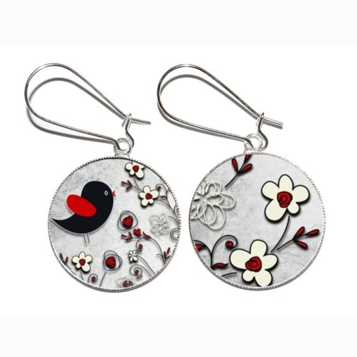 Boucles d’oreilles argentées avec cabochons en résine * oiseau noir et rouge *