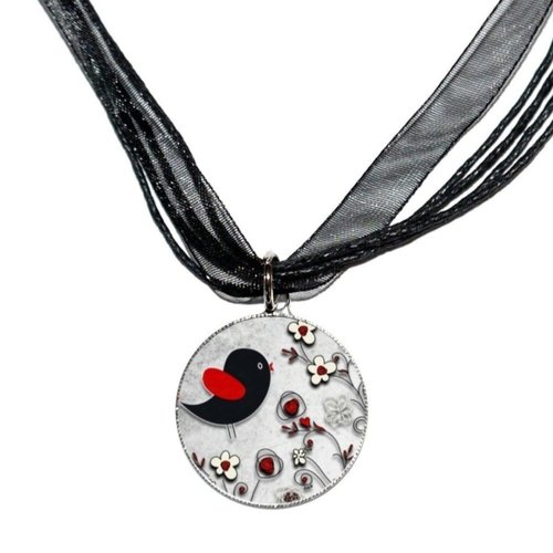 Collier organza noir avec cabochon en résine * oiseau noir et rouge *