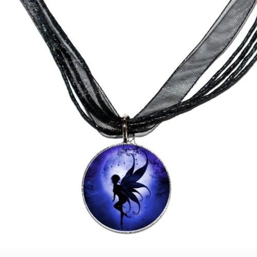 Collier organza noir avec cabochon en résine * fée au clair de lune *