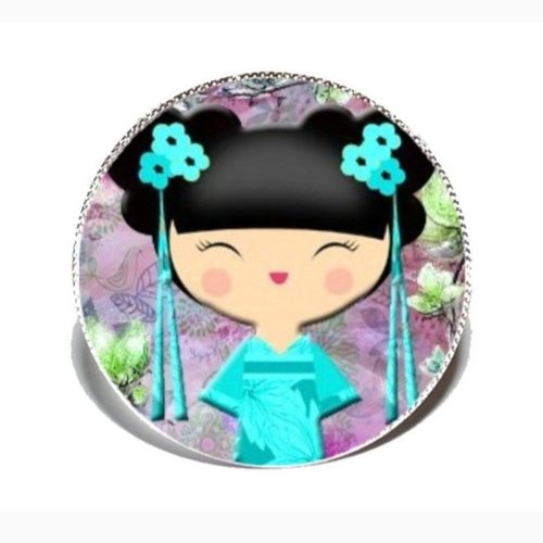 Bague argentée avec cabochon en résine * kokeshi bleue *