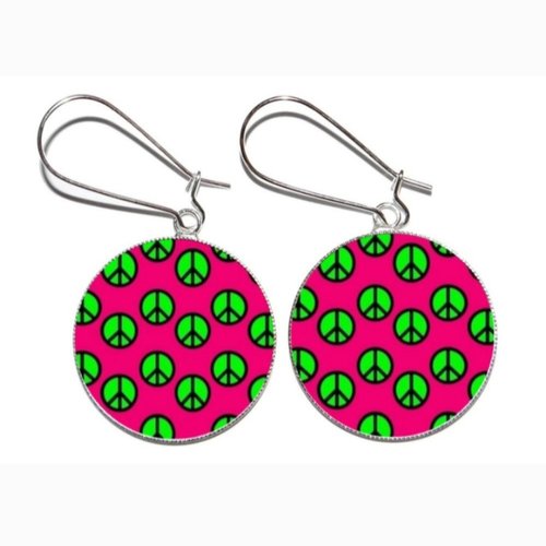 Boucles d’oreilles argentées *peace and love* avec cabochons en résine