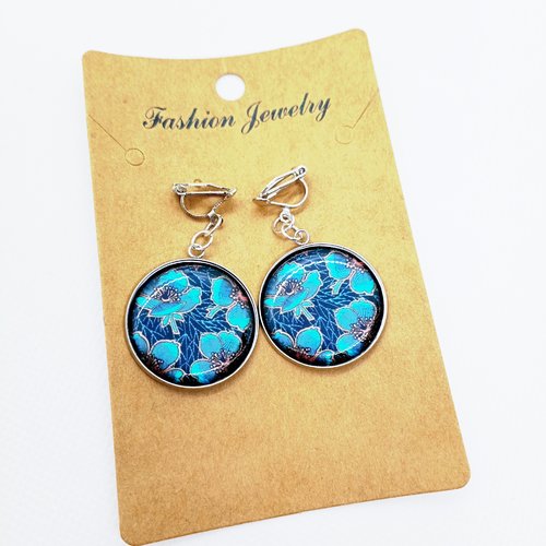 Clips d’oreilles en acier inoxydable argenté avec cabochons en résine * motifs floraux *