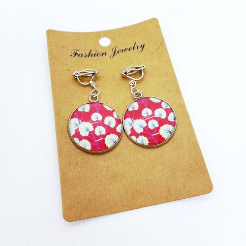 Clips d’oreilles en acier inoxydable argenté avec cabochons en verre * fleurs du japon *