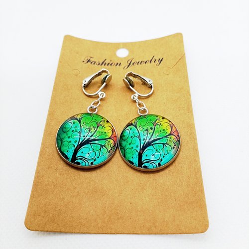 Clips d’oreilles en acier inoxydable argenté avec cabochons en verre * arbre sur fond vert*
