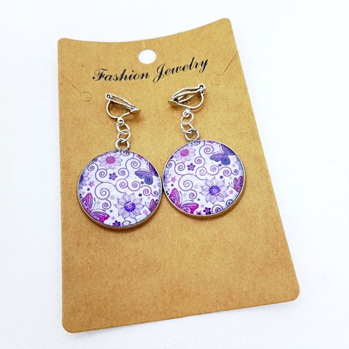 Clips d’oreilles en acier inoxydable argenté avec cabochons en verre *fleurs violettes*