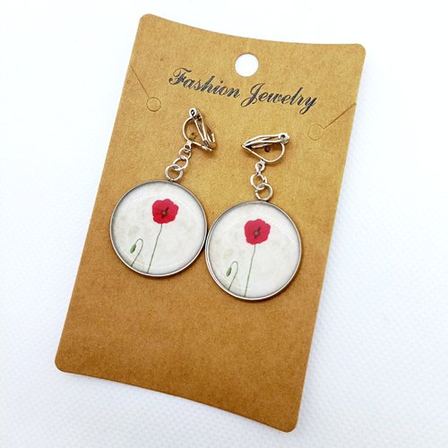 Clips d’oreilles en acier inoxydable argenté avec cabochons en résine * joli coquelicot*