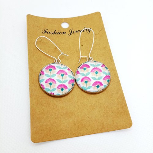 Boucles d’oreilles en acier inoxydable argenté avec cabochons en verre *fleurs multicolores*