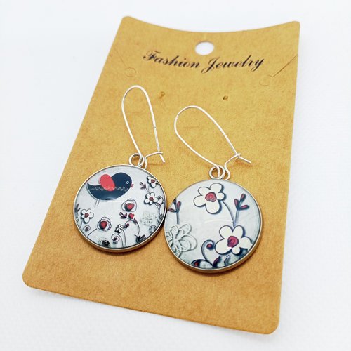 Boucles d’oreilles en acier inoxydable argenté avec cabochons en verre *mon bel oiseau*