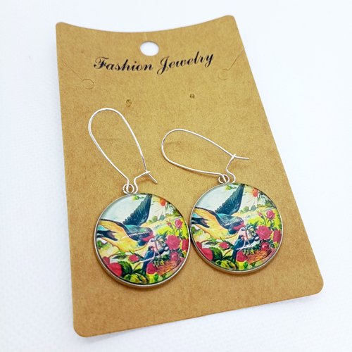 Boucles d’oreilles en acier inoxydable argenté avec cabochons en verre *belle hirondelle*